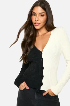 Cardigans*boohoo Rib Knit Contrast Button Cardigan black