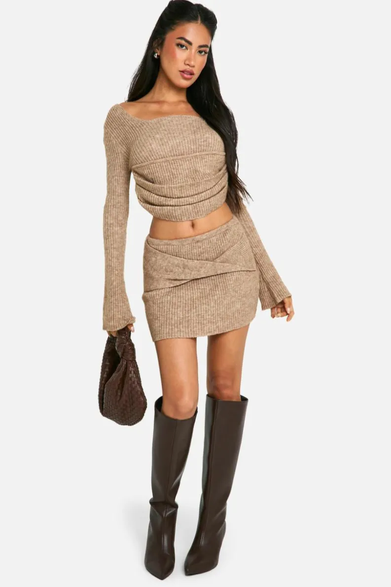Knitted Co-Ords|Skirts*boohoo Rib Knit Corset Detail Top & Mini Skirt Co-ord oatmeal