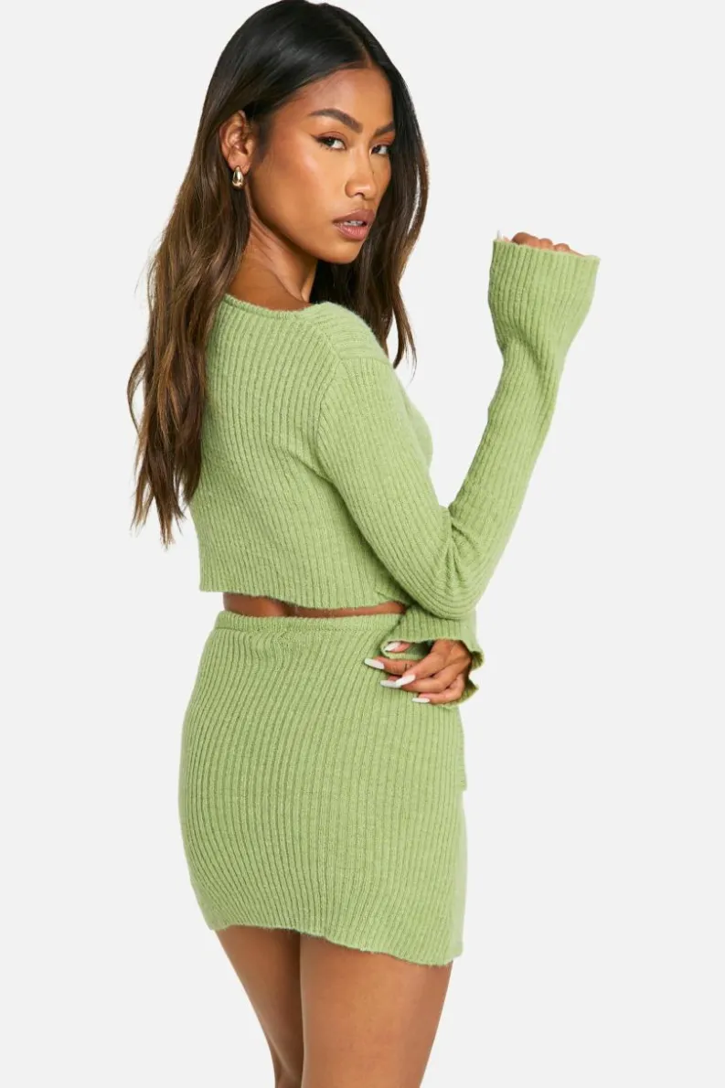 Knitted Co-Ords|Skirts*boohoo Rib Knit Corset Detail Top & Mini Skirt Co-ord lime