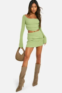 Knitted Co-Ords|Skirts*boohoo Rib Knit Corset Detail Top & Mini Skirt Co-ord lime