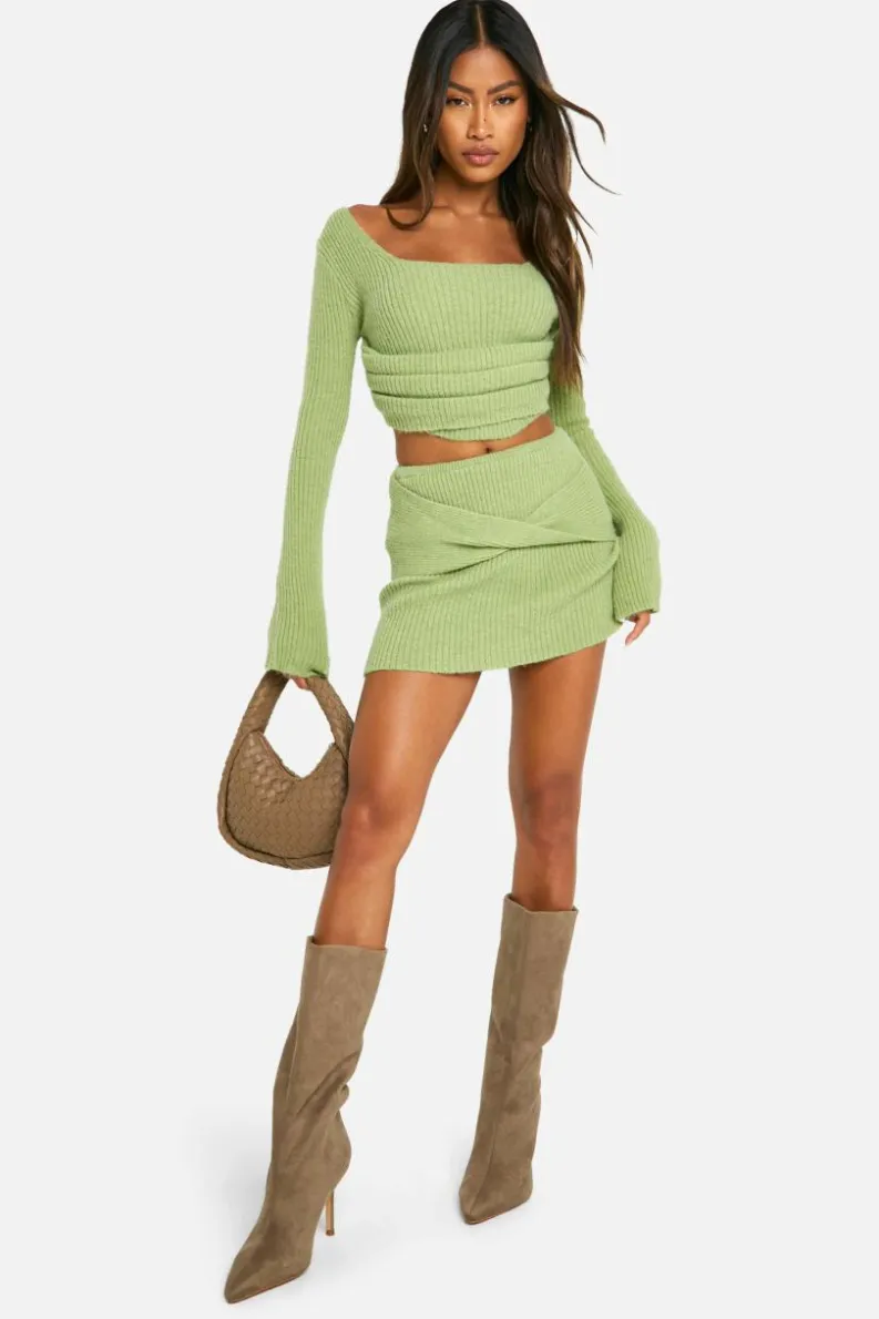 Knitted Co-Ords|Skirts*boohoo Rib Knit Corset Detail Top & Mini Skirt Co-ord lime