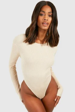 Knitted Tops*boohoo Rib Knit Crew Neck Racer Bodysuit stone
