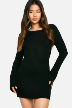 Mini Dresses|Jumper Dresses*boohoo Rib Knit Flare Sleeve Mini Dress black