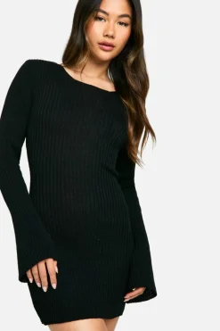 Mini Dresses|Jumper Dresses*boohoo Rib Knit Flare Sleeve Mini Dress black