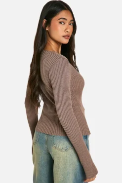 Knitted Tops*boohoo Rib Knit Flare Sleeve Top mocha