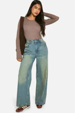 Knitted Tops*boohoo Rib Knit Flare Sleeve Top mocha