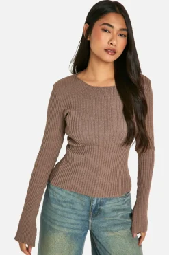 Knitted Tops*boohoo Rib Knit Flare Sleeve Top mocha