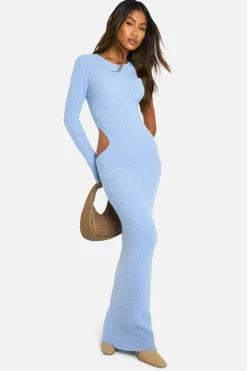 Jumper Dresses|Jumper Dresses*boohoo Rib Knit Long Sleeve Cut Out Maxi Dress dusty blue