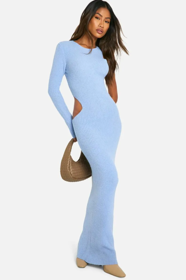 Jumper Dresses|Jumper Dresses*boohoo Rib Knit Long Sleeve Cut Out Maxi Dress dusty blue