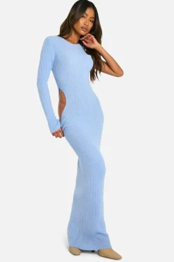 Jumper Dresses|Jumper Dresses*boohoo Rib Knit Long Sleeve Cut Out Maxi Dress dusty blue