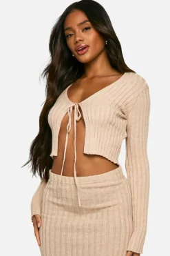 Cardigans*boohoo Rib Knit Tie Front Knitted Cardigan camel