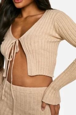 Cardigans*boohoo Rib Knit Tie Front Knitted Cardigan camel