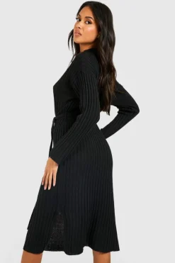 Jumper Dresses|Jumper Dresses*boohoo Rib Knit Tie Waist Midaxi Dress black