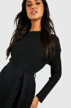 Jumper Dresses|Jumper Dresses*boohoo Rib Knit Tie Waist Midaxi Dress black