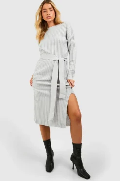 Jumper Dresses|Jumper Dresses*boohoo Rib Knit Tie Waist Midaxi Dress silver