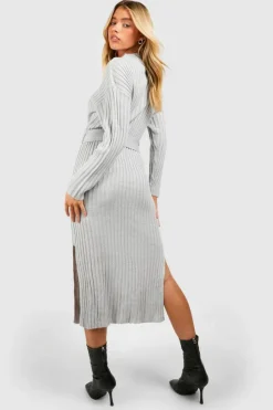 Jumper Dresses|Jumper Dresses*boohoo Rib Knit Tie Waist Midaxi Dress silver