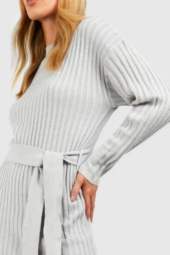 Jumper Dresses|Jumper Dresses*boohoo Rib Knit Tie Waist Midaxi Dress silver