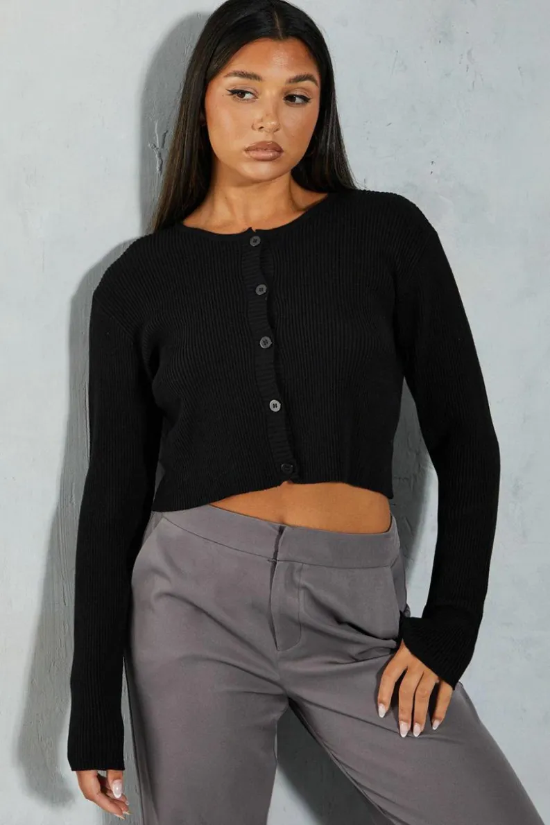 Cardigans*MissPap Rib Knit Wide Sleeve Cropped Cardigan black