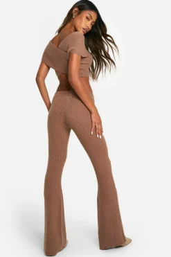 Knitted Co-Ords|Trousers*boohoo Rib Knit Wrap Top & Flare Trouser Co-ord mocha