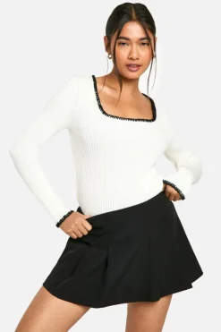 Knitted Tops*boohoo Rib Knitted Blanket Stitch Jumper cream