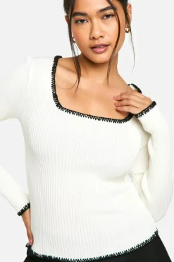 Knitted Tops*boohoo Rib Knitted Blanket Stitch Jumper cream