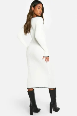 Jumper Dresses|Jumper Dresses*boohoo Rib Knitted Blanket Stitch Midaxi Dress cream