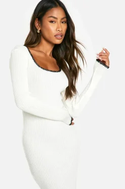 Jumper Dresses|Jumper Dresses*boohoo Rib Knitted Blanket Stitch Midaxi Dress cream