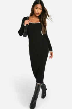 Long Sleeve Dresses|Long Sleeve Dresses*boohoo Rib Knitted Blanket Stitch Midaxi Dress black