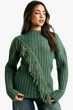 Jumpers|Up To 80% Off Winter Warmers*boohoo Rib Knitted Fringe Detail Jumper khaki