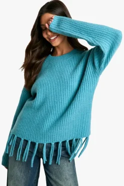 Jumpers*boohoo Rib Knitted Fringe Hem Jumper blue