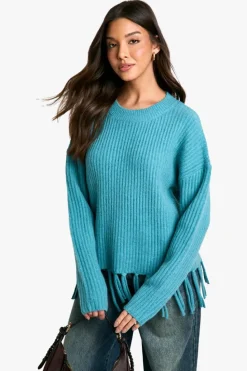 Jumpers*boohoo Rib Knitted Fringe Hem Jumper blue