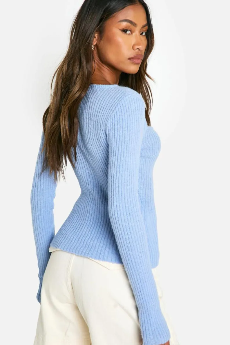 Knitted Tops*boohoo Rib Knitted Long Sleeve Top dusty blue