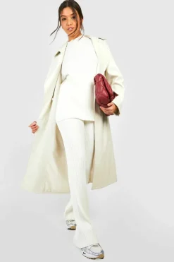 Knitted Co-Ords*boohoo Rib Knitted Tunic And Wide Leg Trouser Set ecru