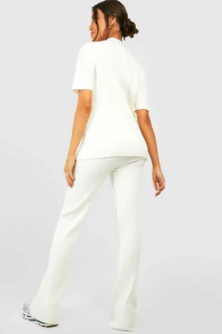Knitted Co-Ords*boohoo Rib Knitted Tunic And Wide Leg Trouser Set ecru