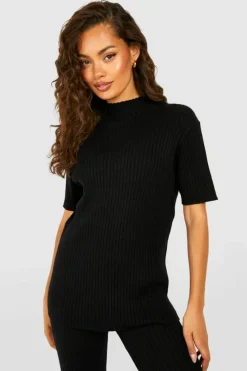 Knitted Co-Ords*boohoo Rib Knitted Tunic And Wide Leg Trouser Set black