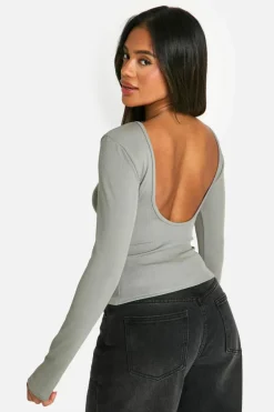 Long Sleeve Tops*boohoo Rib Open Back Long Sleeve Top grey