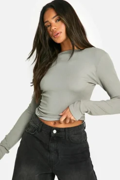 Long Sleeve Tops*boohoo Rib Open Back Long Sleeve Top grey