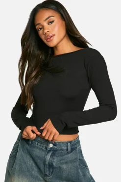 Long Sleeve Tops*boohoo Rib Open Back Long Sleeve Top black