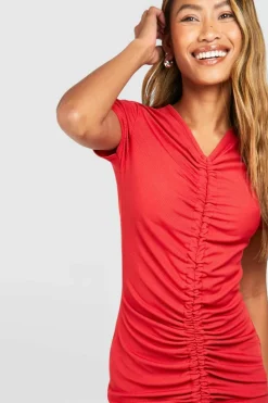 Bodycon Dresses*boohoo Rib Ruched Mini Dress red