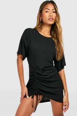 T-Shirt Dresses|Shirt Dresses*boohoo Rib Ruched Mini T-shirt Dress black