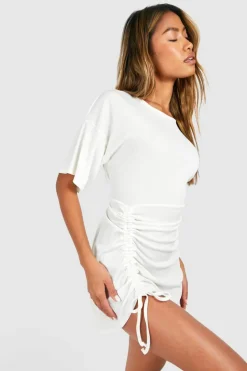 T-Shirt Dresses|Shirt Dresses*boohoo Rib Ruched Mini T-shirt Dress ecru