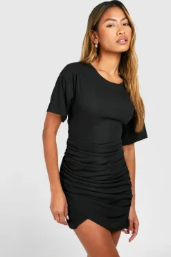 Wrap Dresses|Bodycon Dresses*boohoo Rib Ruched Wrap Mini Dress black