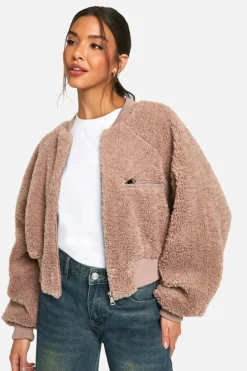Up To 80% Off Winter Warmers|Bomber Jackets*boohoo Rib Teddy Bomber Jacket mushroom
