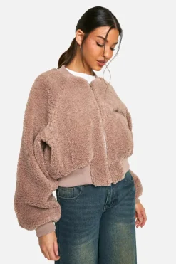 Up To 80% Off Winter Warmers|Bomber Jackets*boohoo Rib Teddy Bomber Jacket mushroom