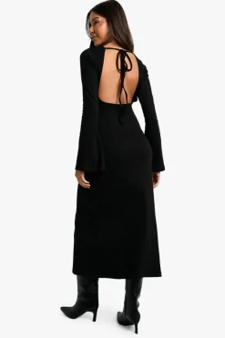 Long Sleeve Dresses|Long Sleeve Dresses*boohoo Rib Tie Back Midaxi Dress black