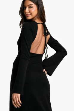 Long Sleeve Dresses|Long Sleeve Dresses*boohoo Rib Tie Back Midaxi Dress black