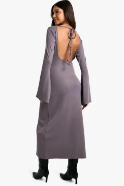 Long Sleeve Dresses|Long Sleeve Dresses*boohoo Rib Tie Back Midaxi Dress grey