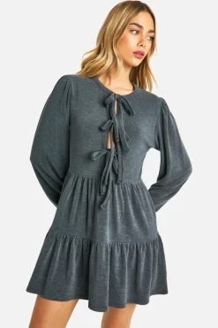 Smock Dresses*boohoo Rib Tie Front Smock Dress charcoal