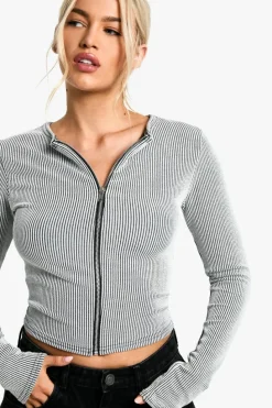 Long Sleeve Tops*boohoo Rib zip front long sleeve Top grey