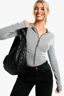 Long Sleeve Tops*boohoo Rib zip front long sleeve Top grey